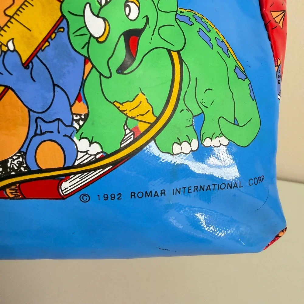 Vintage 1992 Romar International Corp Dinosaur Vinyl Lunch Bag Blue Red Retro